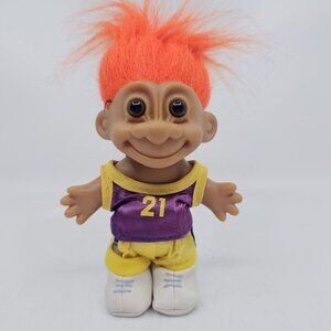 Vintage Russ Basketball Player Troll Doll in Uniform 21 w Orange Hair Brown Eyes